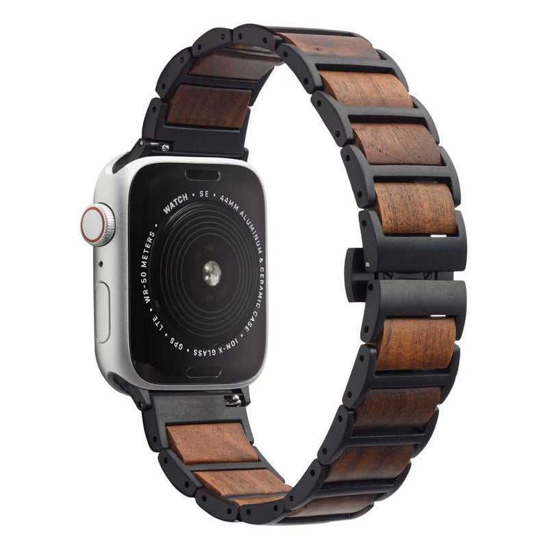 Wooden Apple Watch Band Accented with Metal Compatible with series Series 9, 8, 7, 6, SE, 5, 4, 3, 2, and 1 and Ultra