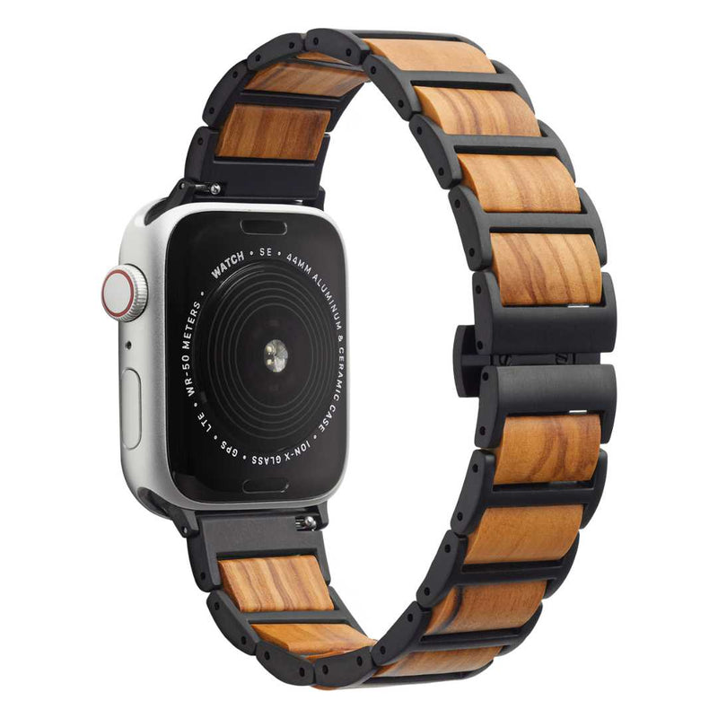 Wooden Apple Watch Band Accented with Metal Compatible with series Series 9, 8, 7, 6, SE, 5, 4, 3, 2, and 1 and Ultra