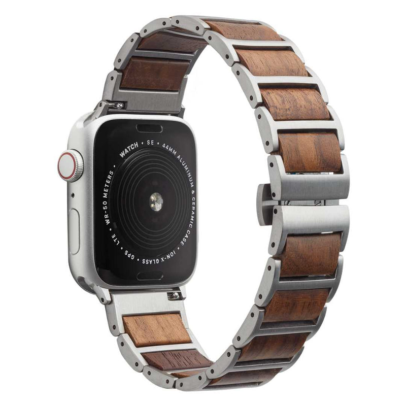 Wooden Apple Watch Band Accented with Metal Compatible with series Series 9, 8, 7, 6, SE, 5, 4, 3, 2, and 1 and Ultra