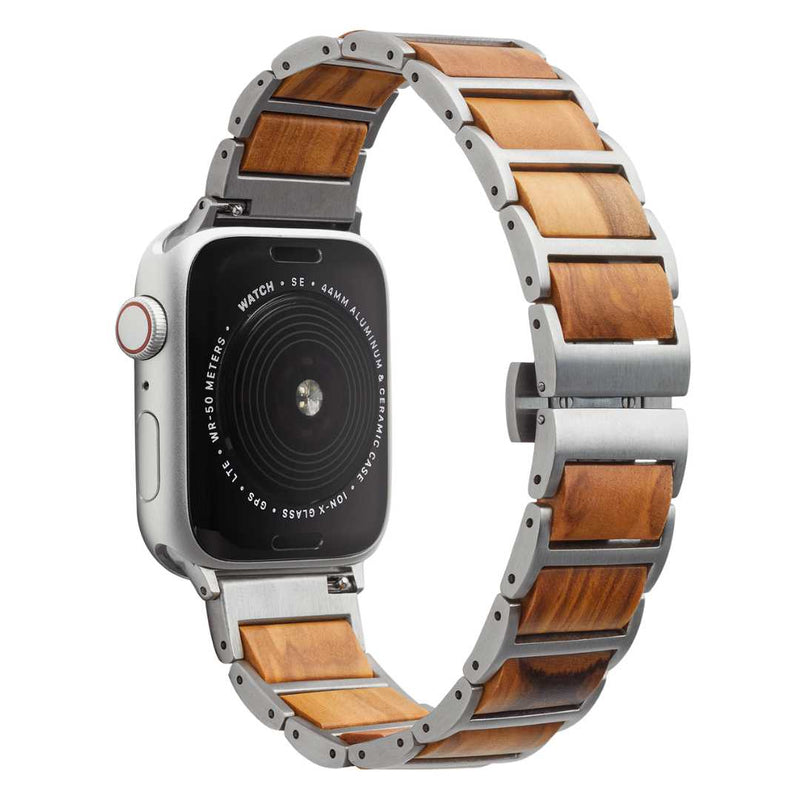 Wooden Apple Watch Band Accented with Metal Compatible with series Series 9, 8, 7, 6, SE, 5, 4, 3, 2, and 1 and Ultra