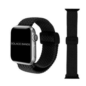 Smartwatch with a black woven band and additional band on a white background, featuring 'Solace Bands' branding.