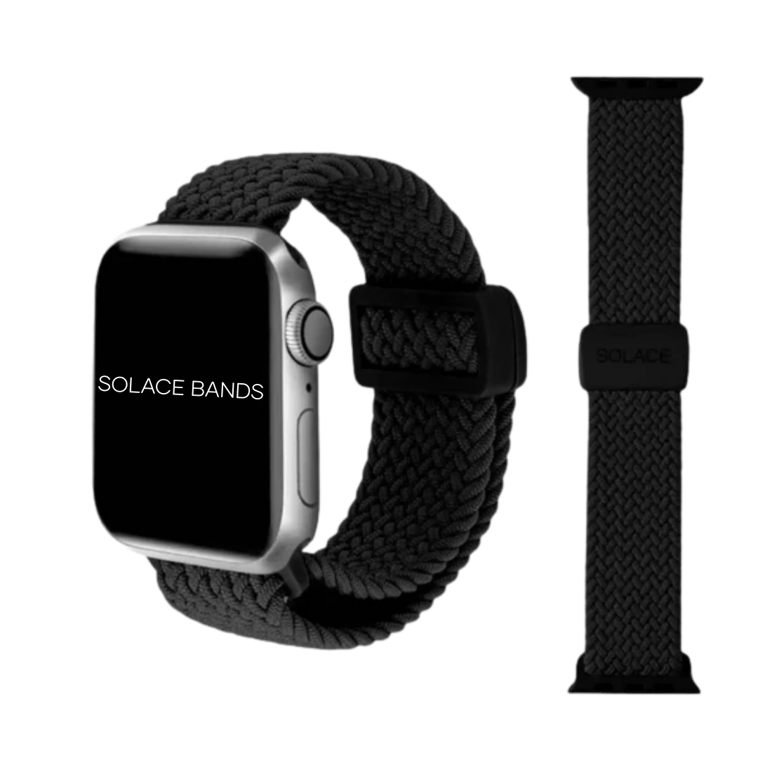 Smartwatch with a black woven band and additional band on a white background, featuring 'Solace Bands' branding.