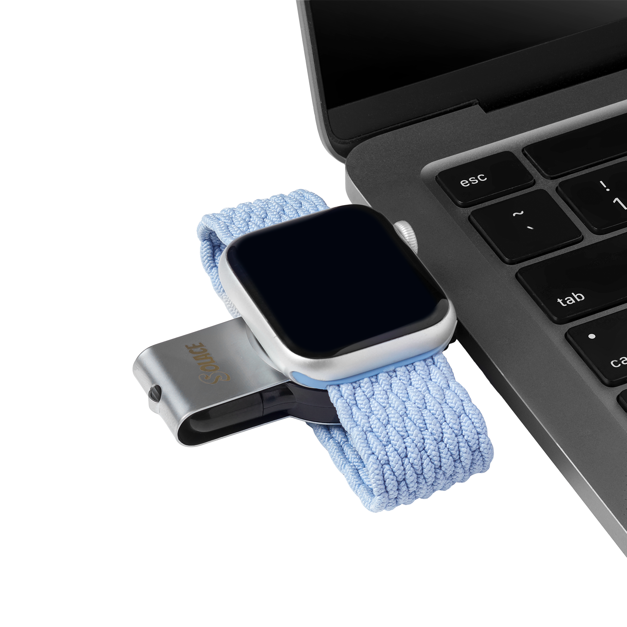 2 in 1 micro Apple watch charger compatible with usb and usb-c sitting on a laptop