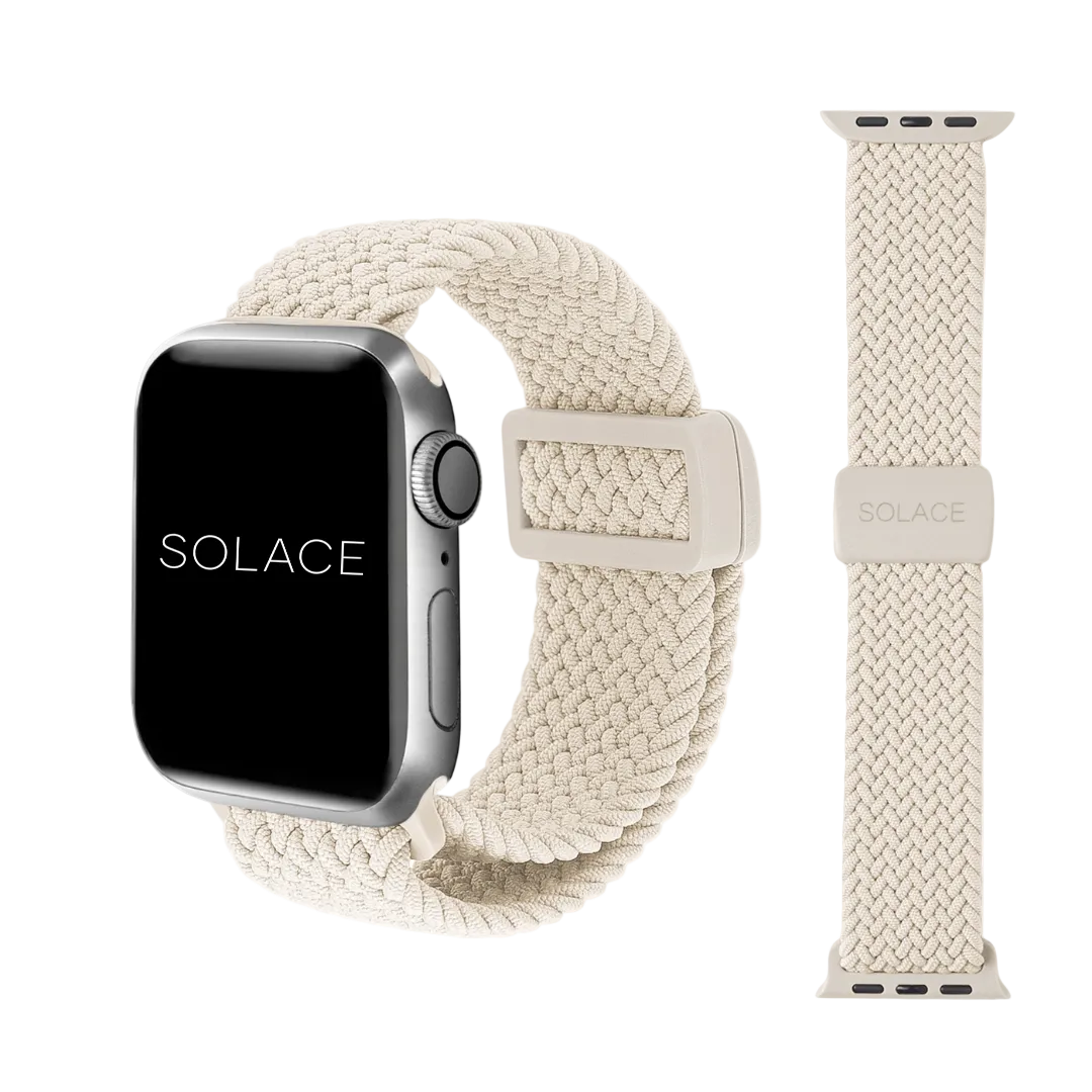 Smartwatch with a beige woven band on a white background, featuring the brand 'SOLACE'.